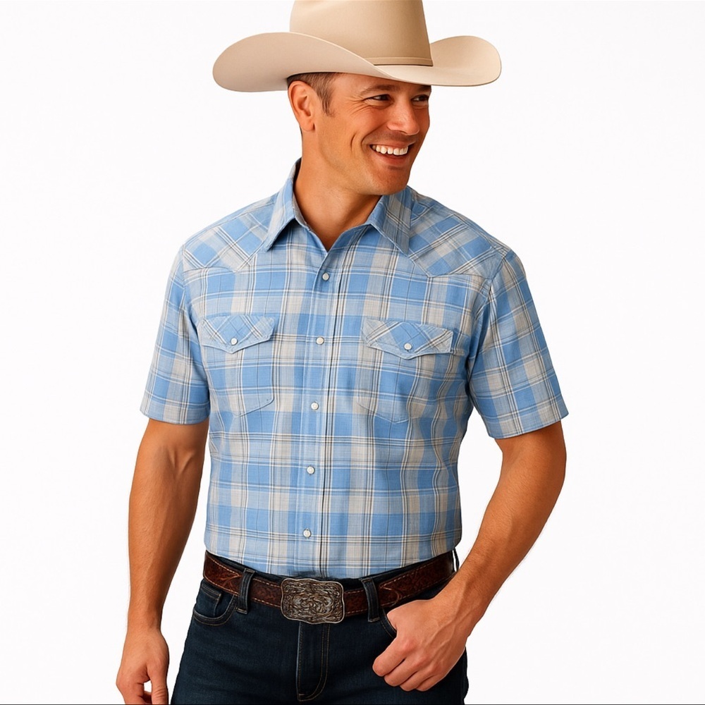 WRANGLER Men’s Pearl SNAP Western Shirt Sz XXL Blues SS Yoke F/B High Low